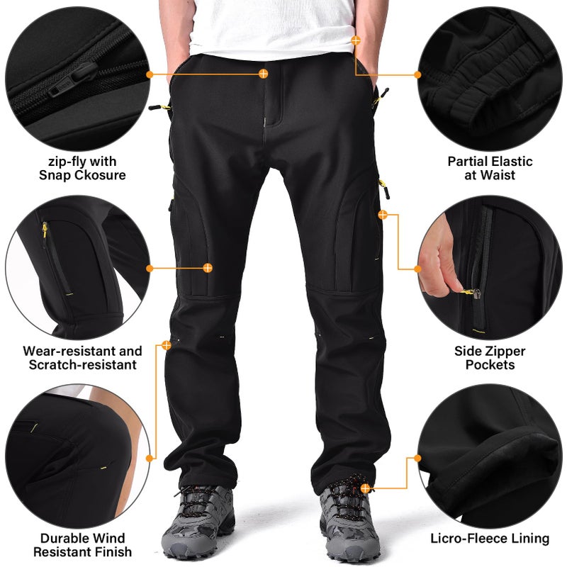 Toomett Men's Snow Hiking Camping Pants Outdoor Ski Fleece Lined Waterproof Softshell Cargo Gear MTB Pants MH4409,Black,US 34 - Image 4